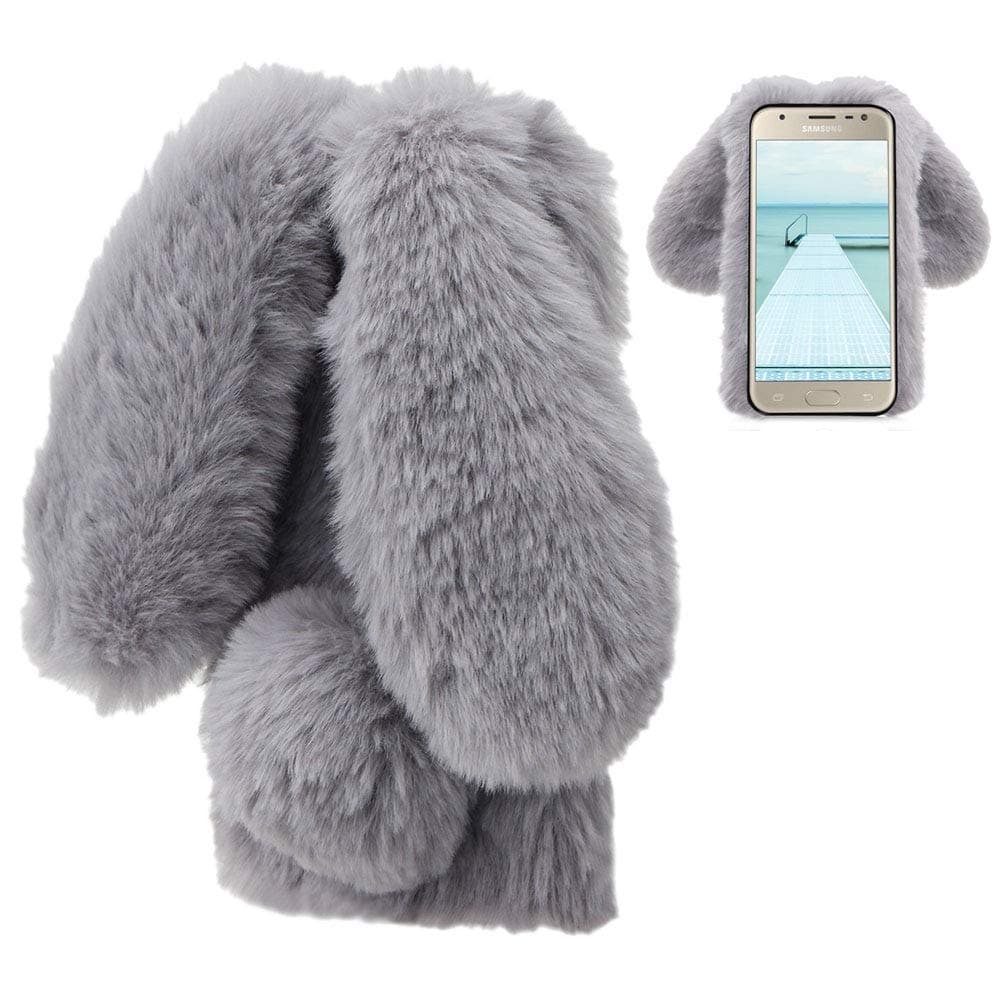 LCHDA Rabbit Case for Samsung Galaxy J7 2018, Cute 3D Bunny Ears Soft Furry Hairball Fuzzy Winter Warm Faux Fur Plush Fluffy Flexible TPU Bumper Protective Skin Cover for Women Girls - Gray
