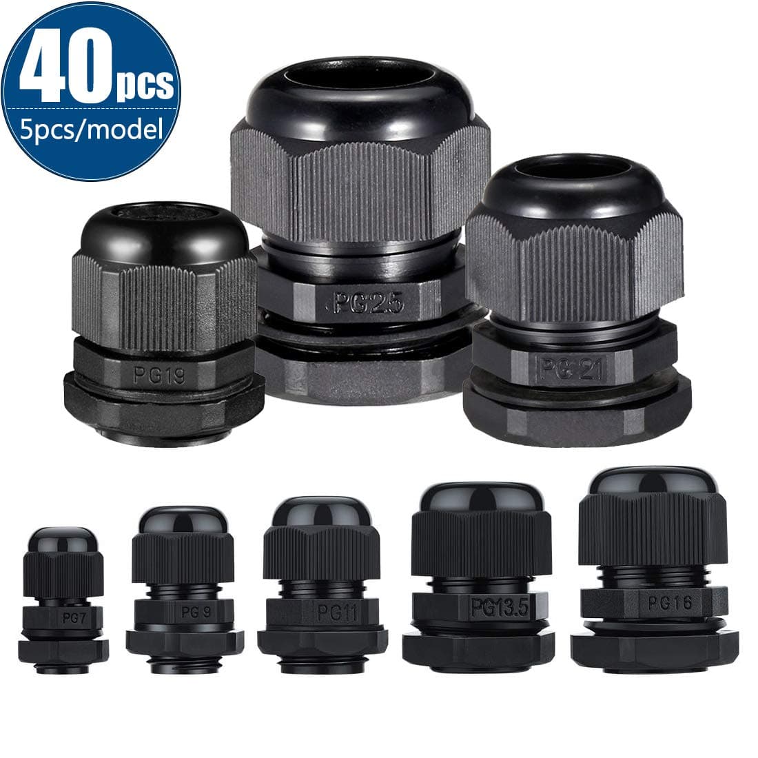 40 Pcs Nylon Plastic  Waterproof Cable Locknut Stuffing Glands - PG7/ PG9/ PG11/ PG13.5/ PG16/PG19/PG21/PG25 Waterproof Connector Cable Gland Joints 3.5-21mm Adjustable Plastic Stuffing Gland Black