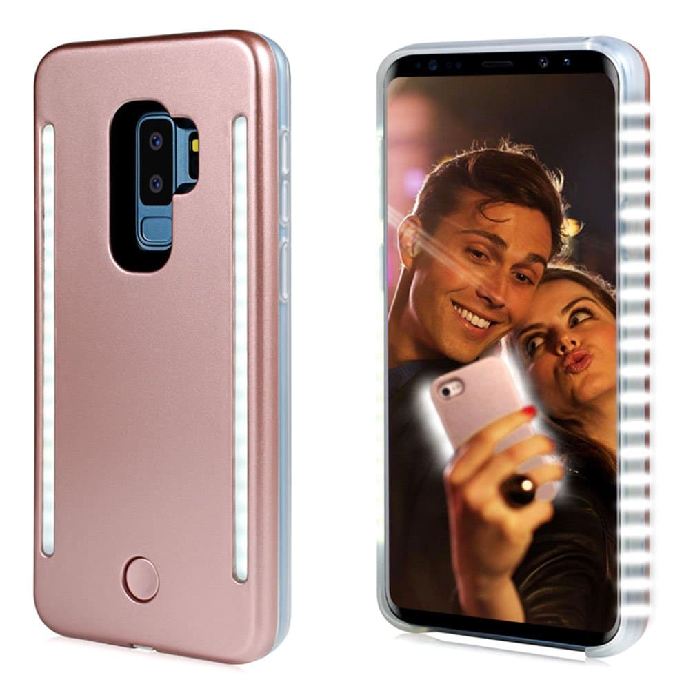 FULLOPTO Selfie Light up Case for S9 Plus, Light Selfie case with 2 Sides Led Lamps with Double Rechargeable LED Flashlight and Protection for Samsung S9+ (Rose Gold)