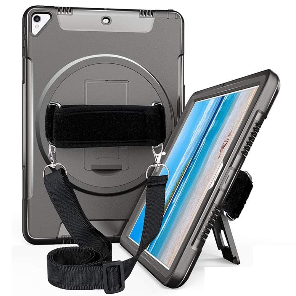 iPad Air 10.5” (3rd Gen) 2019 Case, iPad Pro 10.5 inch Case with Screen Protector, Heavy Duty Three Layer Rugged Shockproof Protective Case with 360°Swivel Kickstand, Hand / Shoulder Strap, Black