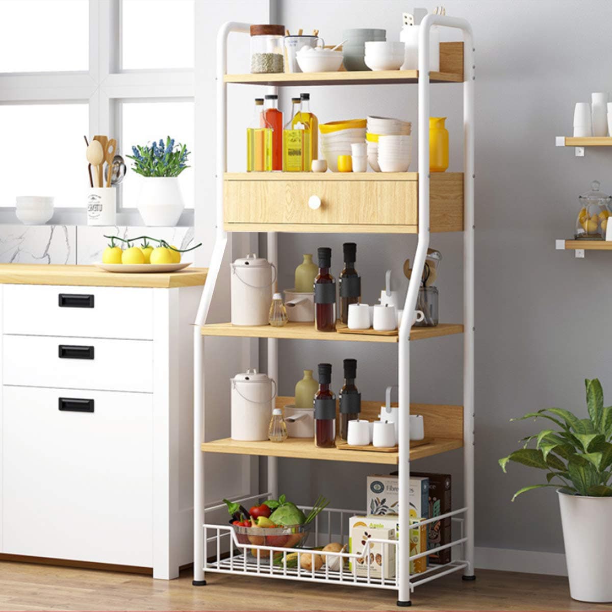 Kawachi 5 Tier Kitchen Multifunction Storage Shelf with Drawer for Microwave Oven Spice Rack KW15