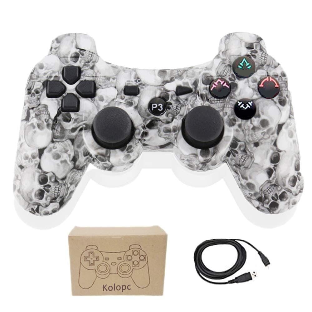 Kolopc Wireless Controller Gamepad Remote for PS3 Playstation 3 Double Shock - Bundled with USB Charge Cord(White Skull)