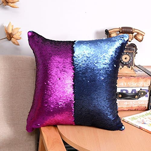 Houtemy Mermaid Throw Pillows Reversible Sequins Sparkly Pillows Case Magic Color Changing Mermaid Pillow Cover 16” x 16” - Purple and Blue