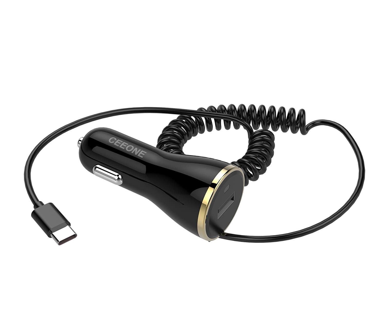 Samsung Galaxy Note 8 USB Type C Car charger, CeeOne Universal USB 12W Car Charger with Built-in 6ft USB C Cable for Samsung Galaxy Note 8, Galaxy S8 / S8 Plus, Google Pixel, Nexus 6P / 5X and More (Black+Gold Edge)