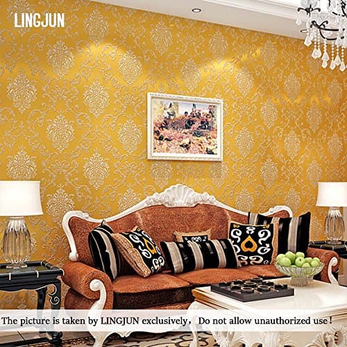 LINGJUN Modern Minimalist Non-Woven Water Plant Pattern 3D Flocking Embossed Wallpaper Roll Living Room Bedroom (Gold03)