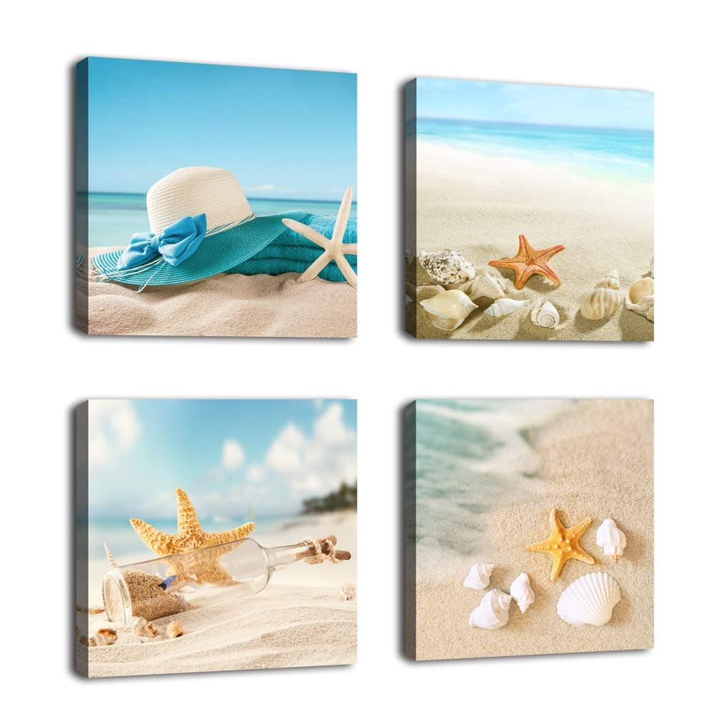 Ocean Decor Canvas Wall Art Bathroom Wall Decor Shell Starfish Drift Bottle Blue Beach Canvas Picture Artwork Turquoise Contemporary Wall Art Bedroom Living Room Decoration 12" x 12" x 4 Pieces