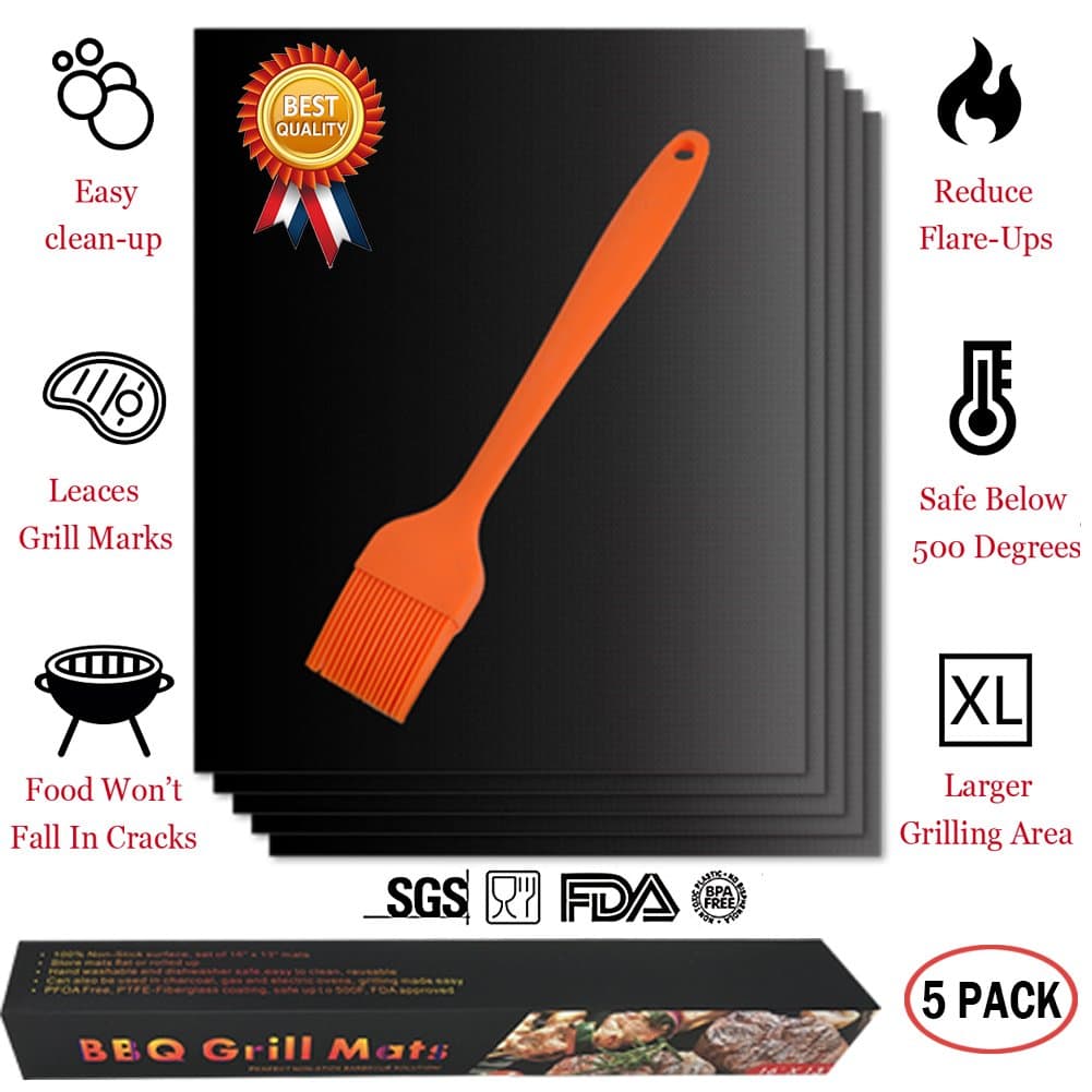 BBQ Grill Mat Non Stick Surface Reusable Teflon Oven Liner Set of 5 Cooking Mats for Grilling, Cooking, Baking, Barbecue (15.8''x13.0'', Black)