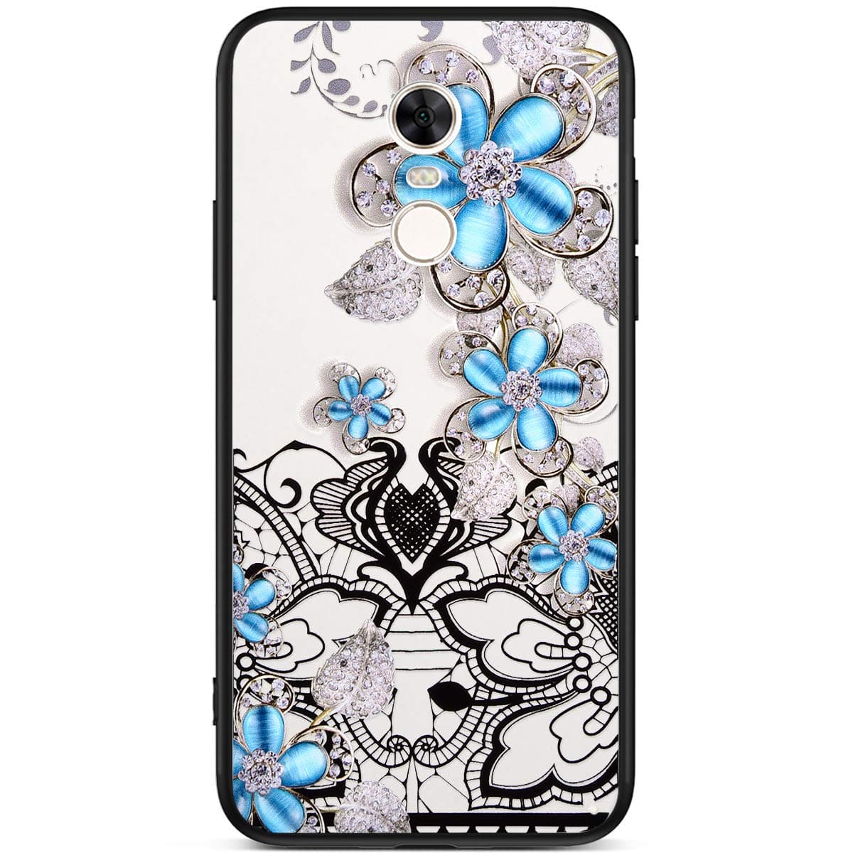 Robinsoni Case Compatible with Xiaomi Redmi 5 Plus Ultra Soft Silicone Gel TPU Cover Lace Flower Printed Diamond 3D Embedded Case Transparent Clear View Shinning Glitter Sparkle Case Cover