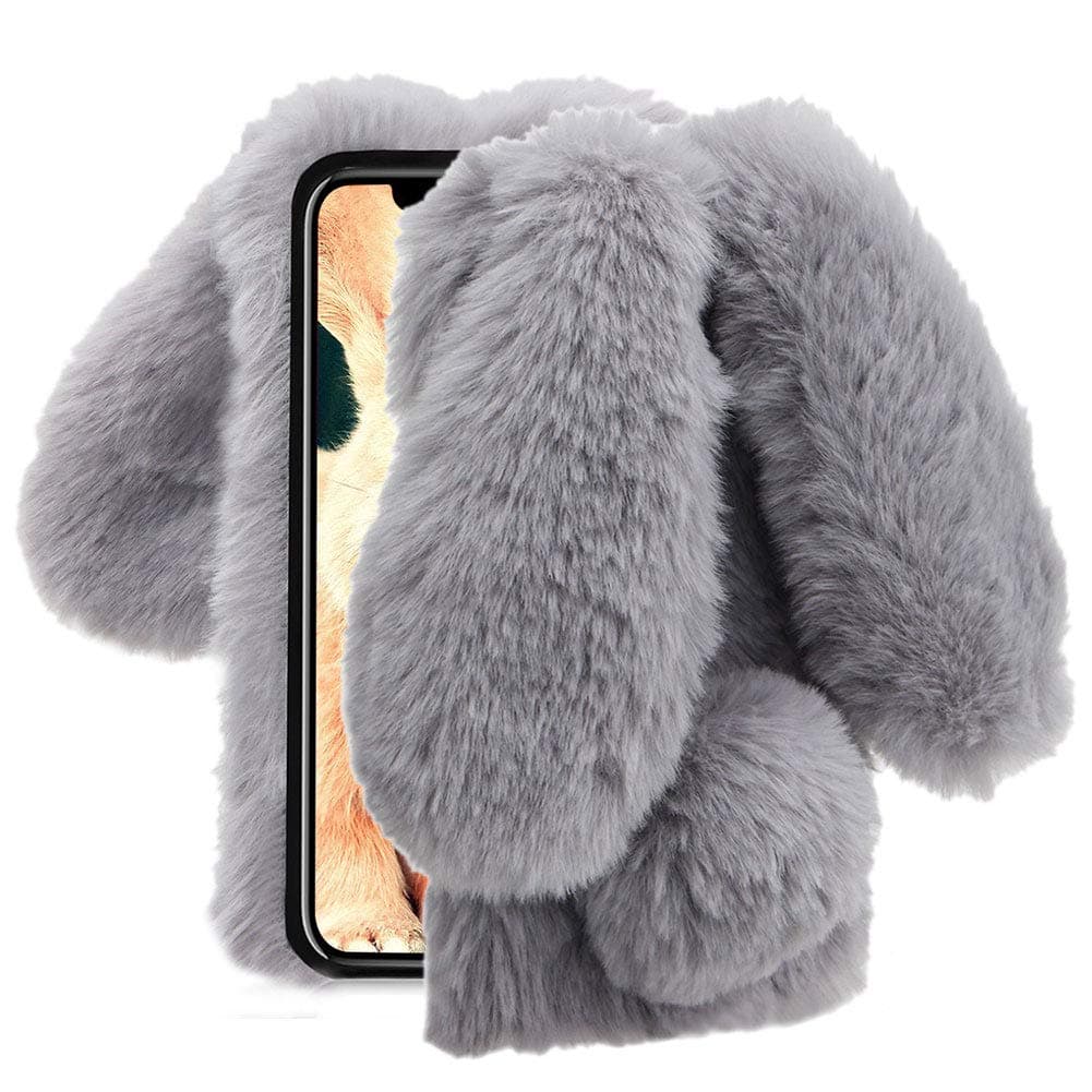 for iPhone Xs/X 5.8 inch Case, Aearl Rabbit Fur Ball Case,Luxury Cute 3D Homemade Diamond Winter Warm Soft Furry Fluffy Fuzzy Bunny Ear Plush Grey Phone Case Cover for Girls Women