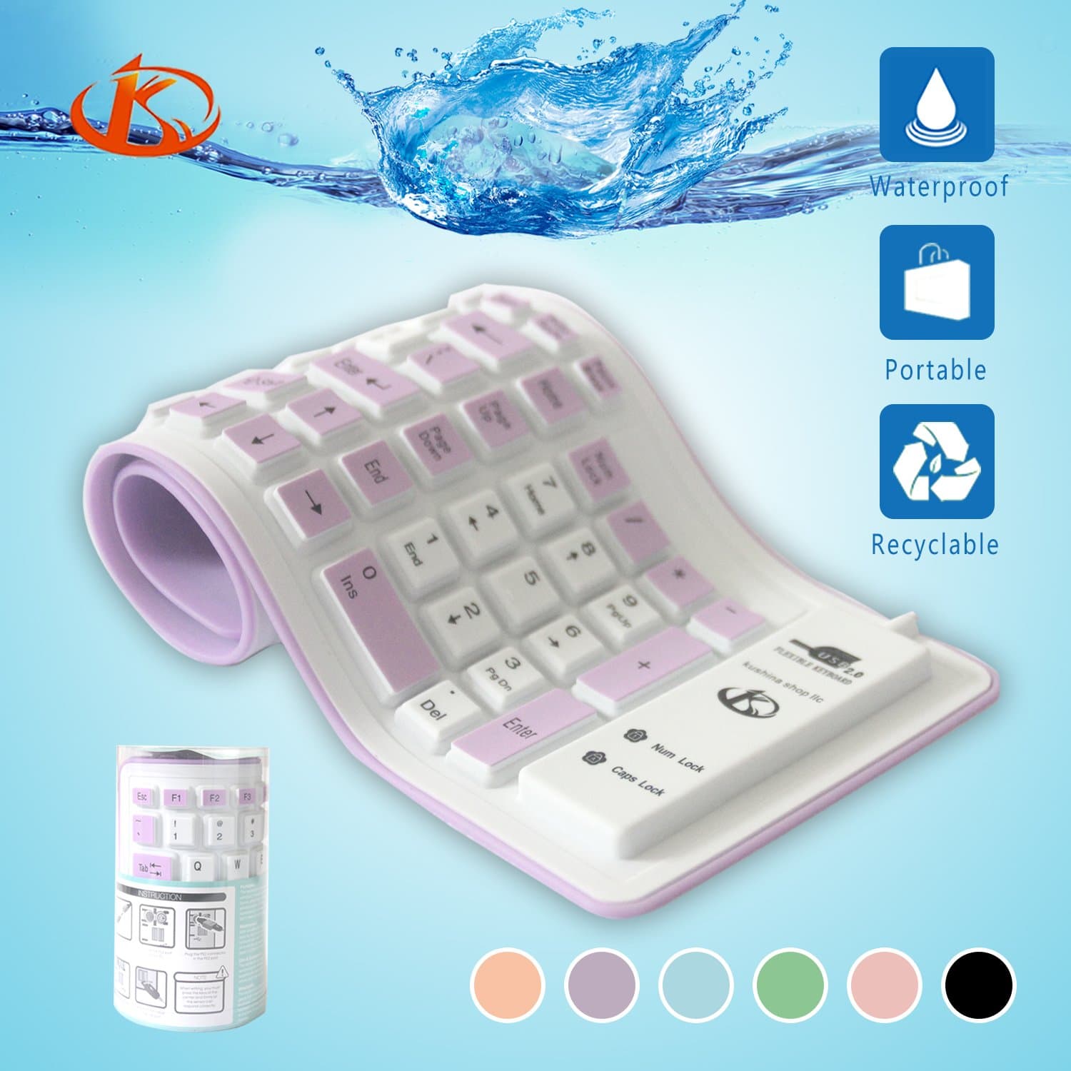 Kushina Foldable Silicone Keyboard USB Wired Flexible Soft Waterproof Computer Desktop Keyboard for PC Laptop Notebook (Purple)