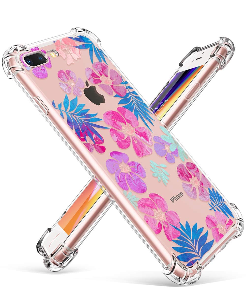 GVIEWIN Floral Flowers Design for iPhone 7 Plus Case/iPhone 8 Plus Case, with Shock Absorption Bumper Ultra-Thin Flexible Clear TPU Cover, Women Phone Cases (Fancy Leaves/Purple)