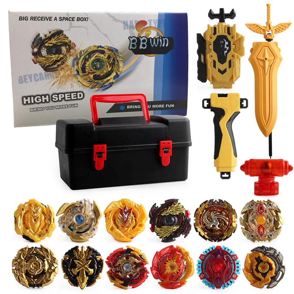 BBwin Gold Bey Battle Burst Set 12 PCS Evolution Turbo Battling Tops and Right/Left-Spin Launcher with Storage Box