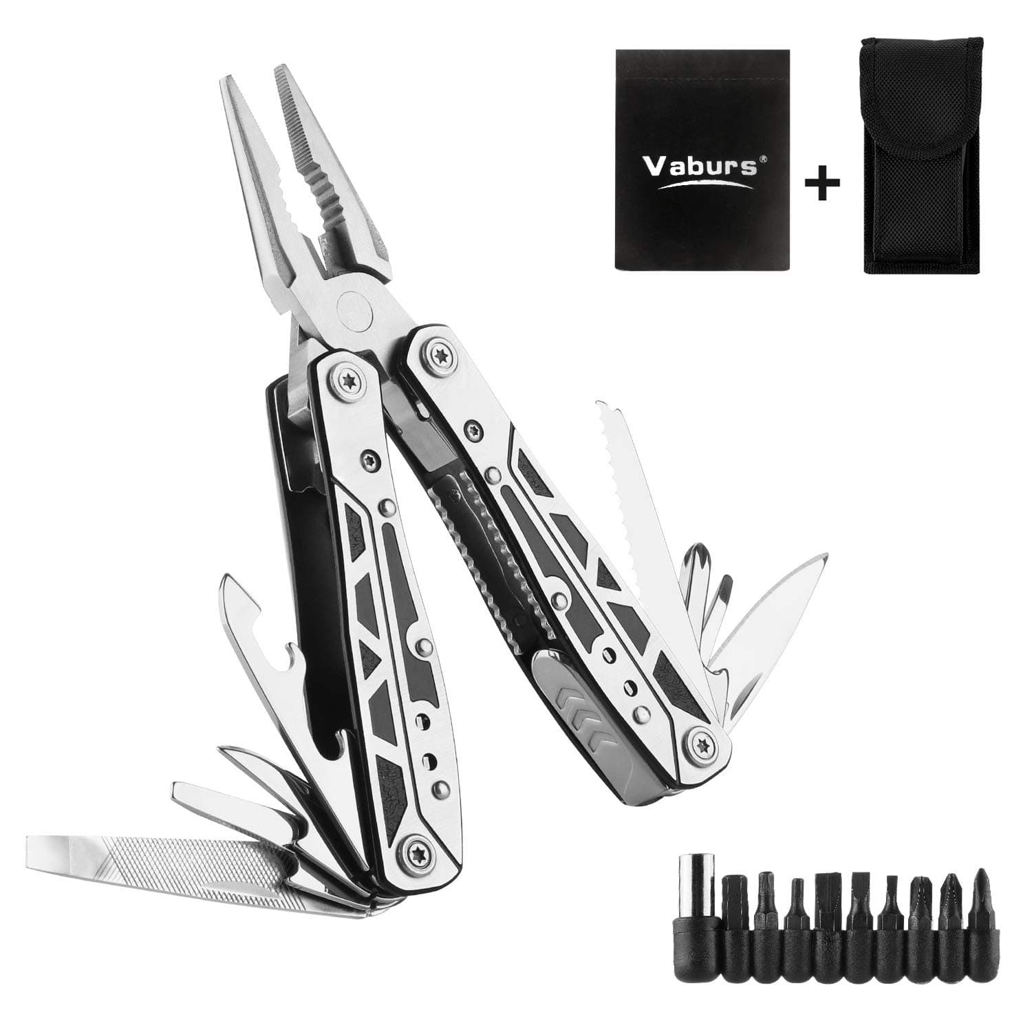 Vaburs Multitools, 14 in 1 Multitool Pliers Stainless Steel Folding Pocket Plier Kit with Durable Nylon Sheath for Survival, Camping, Hiking