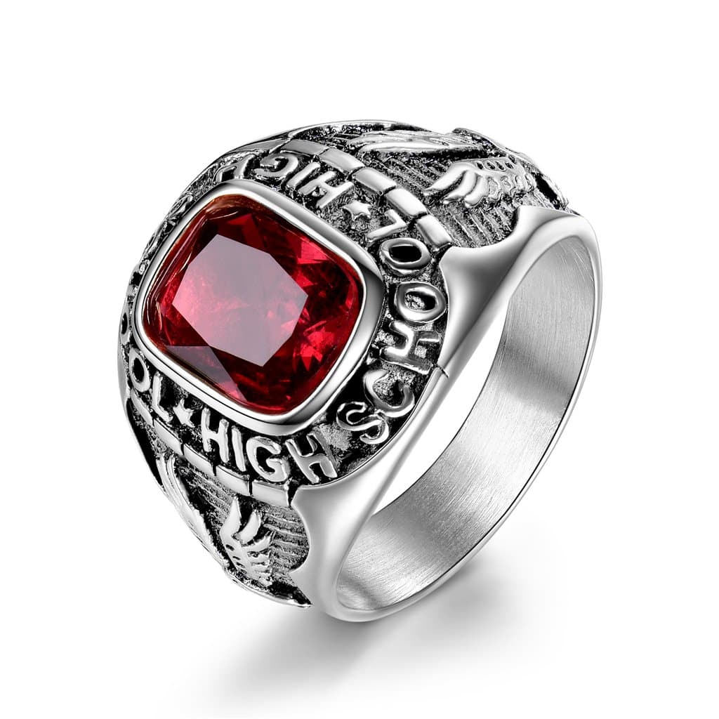 MASOP Retro Eagle Red Ruby Color Crystal Stainless Steel High School Rings for Men Silver Tone Size 8-15
