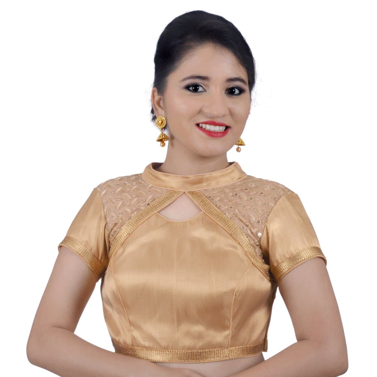 Biyu Designer Net Sequence High Neck Gold Brocade Padded Readymade Saree Blouse Choli for Women