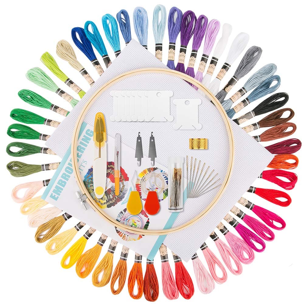 Aimego Embroidery Starter Kit Cross Stitch 50 Multicolored Thread 1 Embroidery Hoop 1 Cross Stitch Cloth with the Others 47PCS Tools Accessories for Cross Stitch Knitting