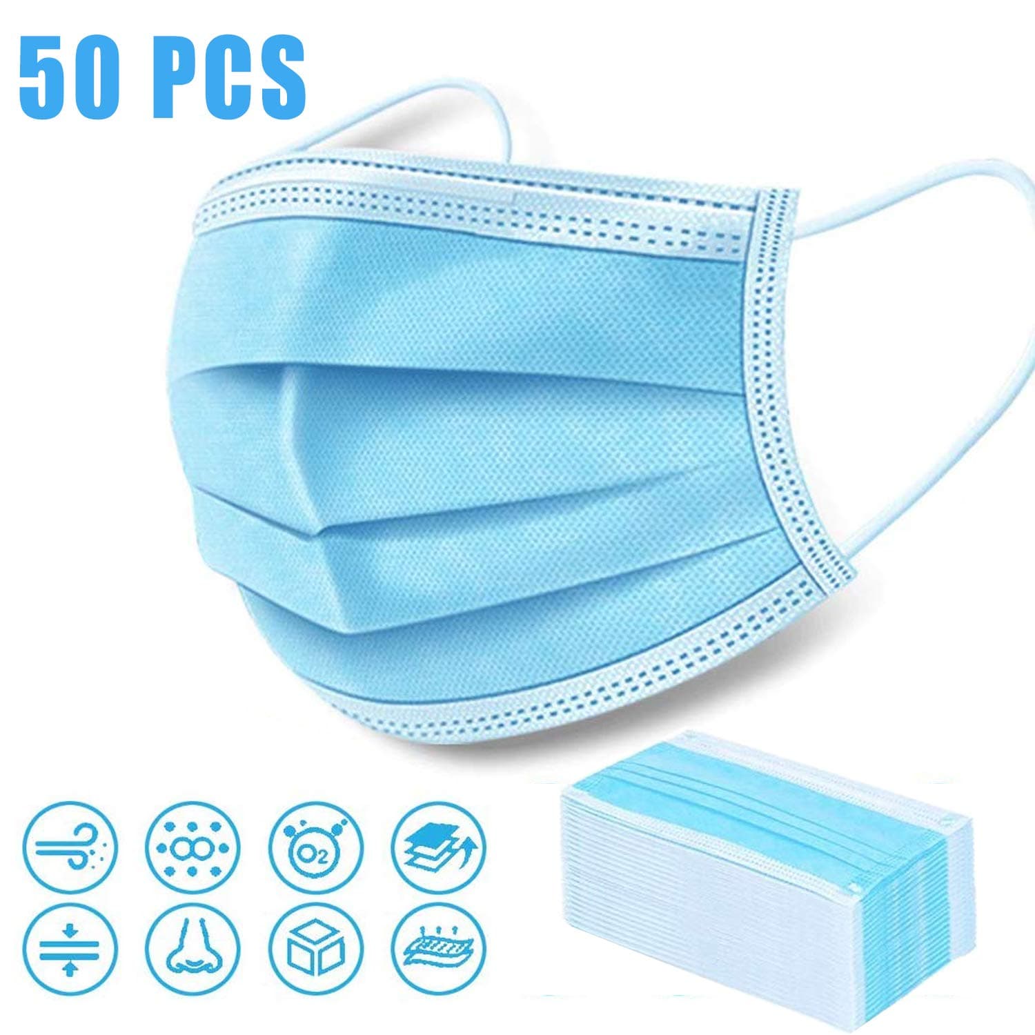 50 Pack - Disposable Face Masks - Surgical and Dust Usage - Comfortable and Thick - Layered Blue