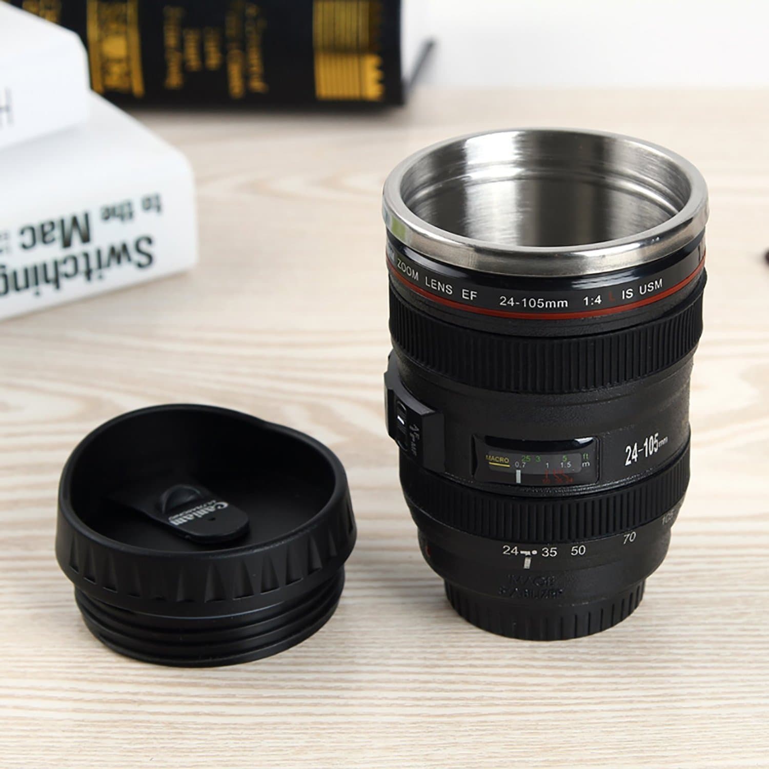 Anvey New Coffee Lens Emulation Camera Mug Cup Beer Cup Wine Cup Without Lid Black Plastic Cup&Caniam Logo 480ML Camera Lens Mug Lens Cup Stainless Steel Insulated Tumbler - Black