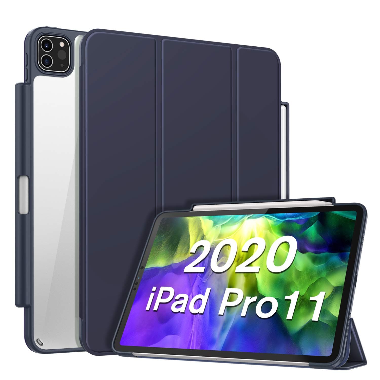 CaseBot Case with Pencil Holder for iPad Pro 11" 2020/2018 [Supports 2nd Gen Pencil Charging] - Slim Transparent Clear Hard Back Cover with Soft TPU Edge, Auto Wake/Sleep, Navy
