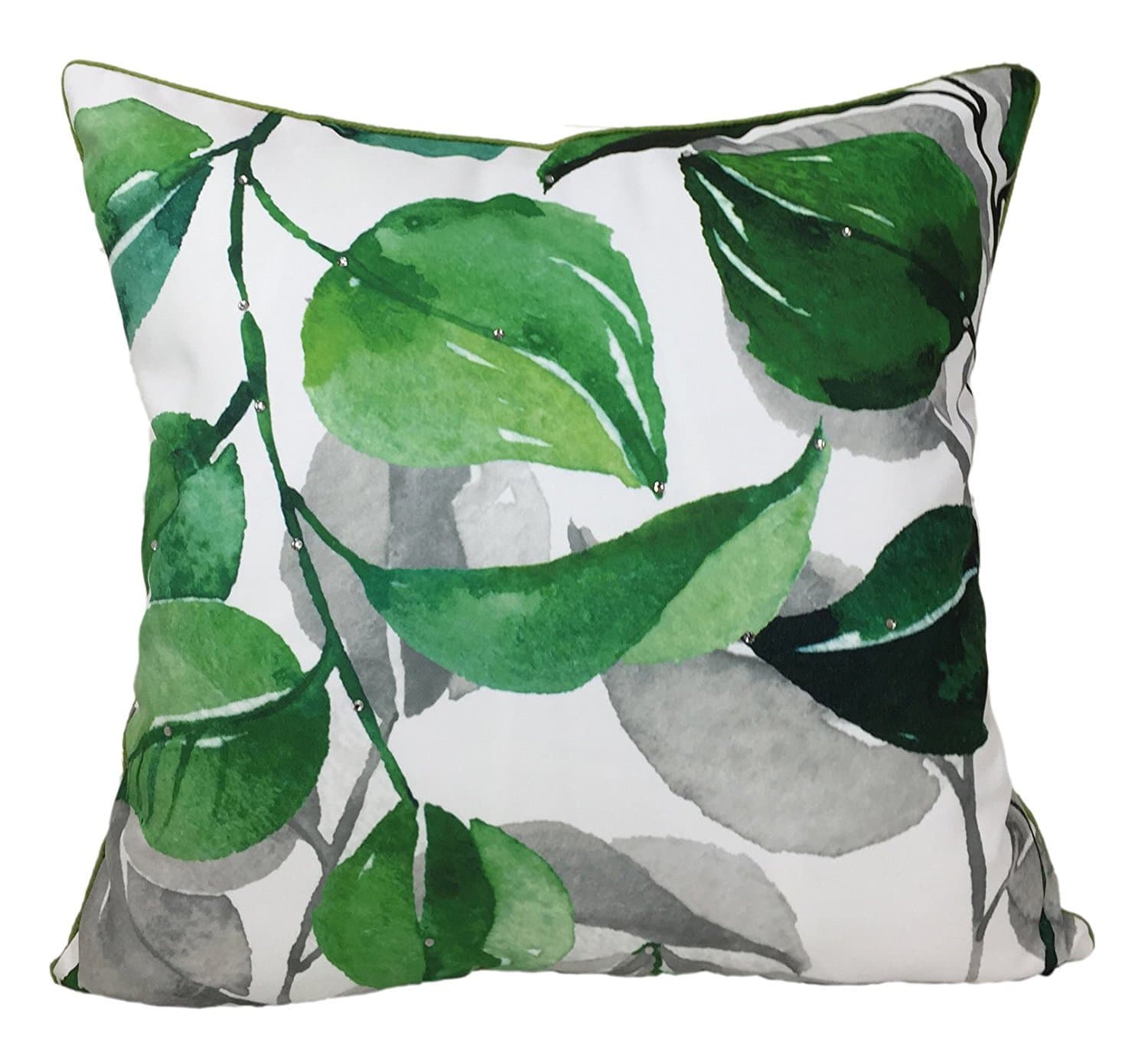 Water-color Print Tropical Leaf Throw Pillow Case for Sofa, Embelished with Beads, Contrasted Welt, 20"X20", 1PC (Deep Summer)