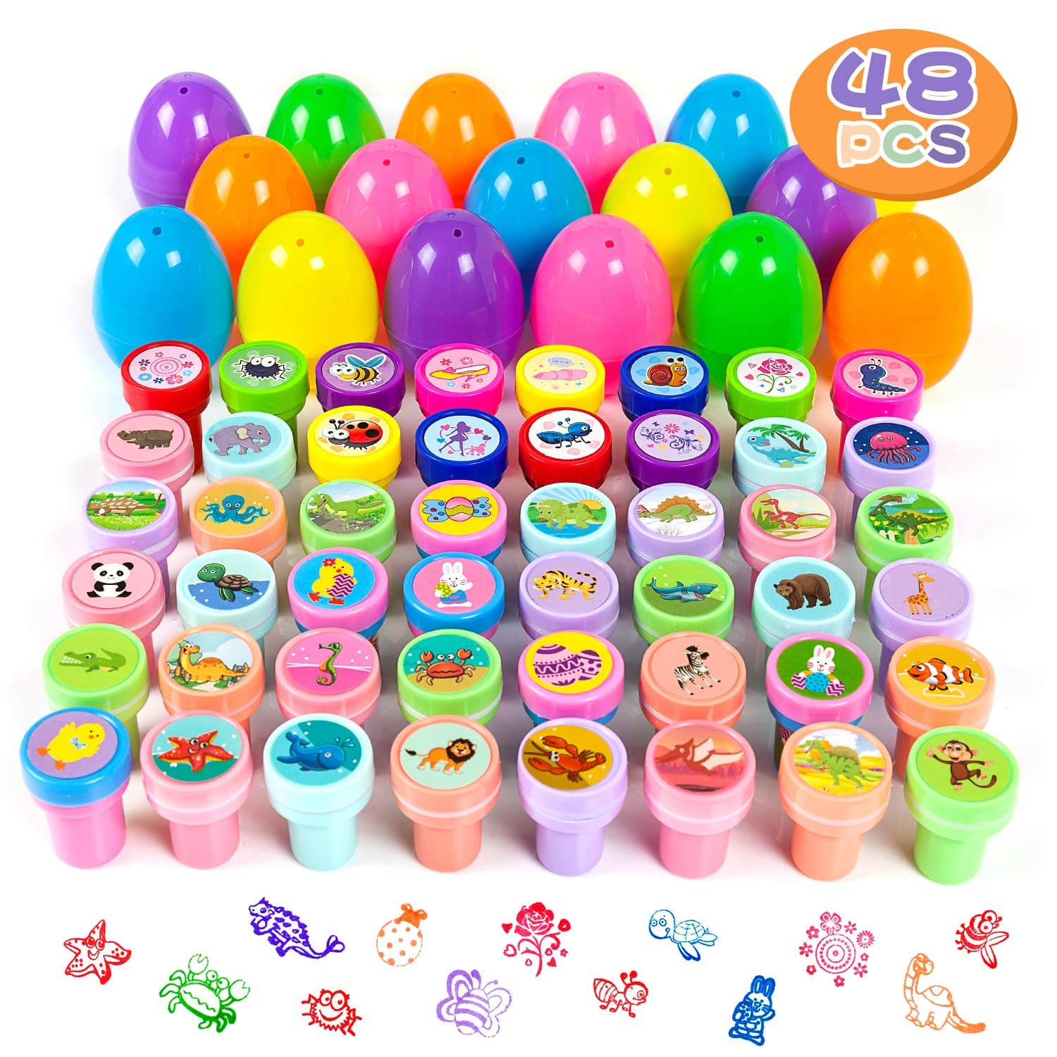 HOOJO 48 Pieces Prefilled Easter Eggs with Assorted Stamps for Kids, Surprise Eggs for Easter Basket Stuffers, Party Favor, Teacher Stamps