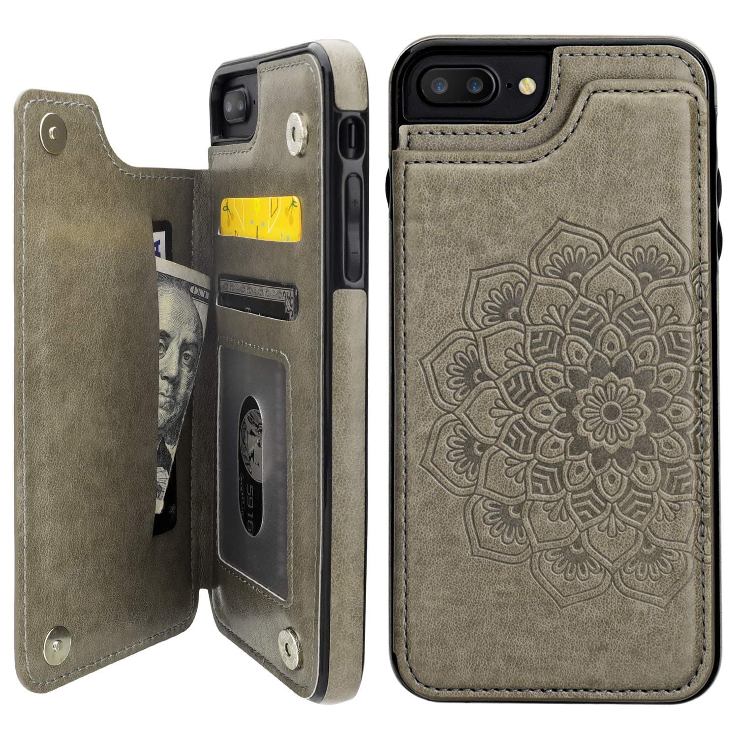 Vaburs iPhone 7 Plus iPhone 8 Plus Case Wallet with Card Holder, Embossed Mandala Pattern Flower Premium PU Leather Double Magnetic Buttons Flip Shockproof Protective Case(Gray)