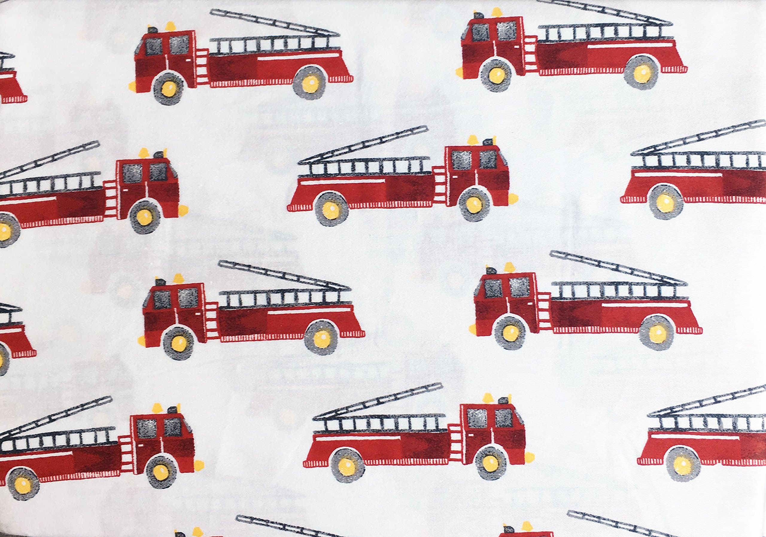 Red Fire Trucks Engines on White, Rugged Bear 3 Piece Twin Size Single Bed Cotton Sheet Set