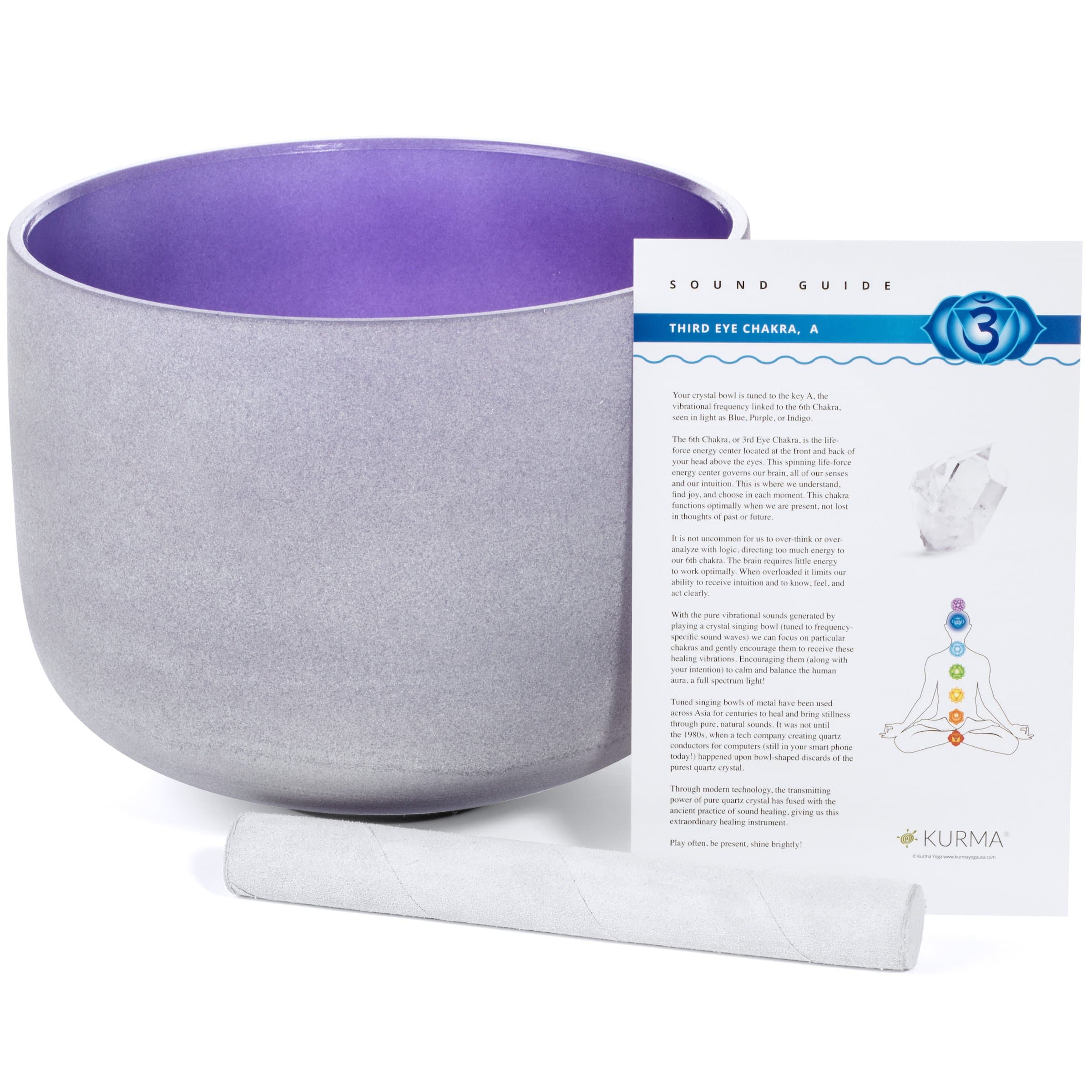 Crystal Singing Bowl Third Eye Chakra Violet Purple A Note, Mallet and Guide Included (10 Inch)