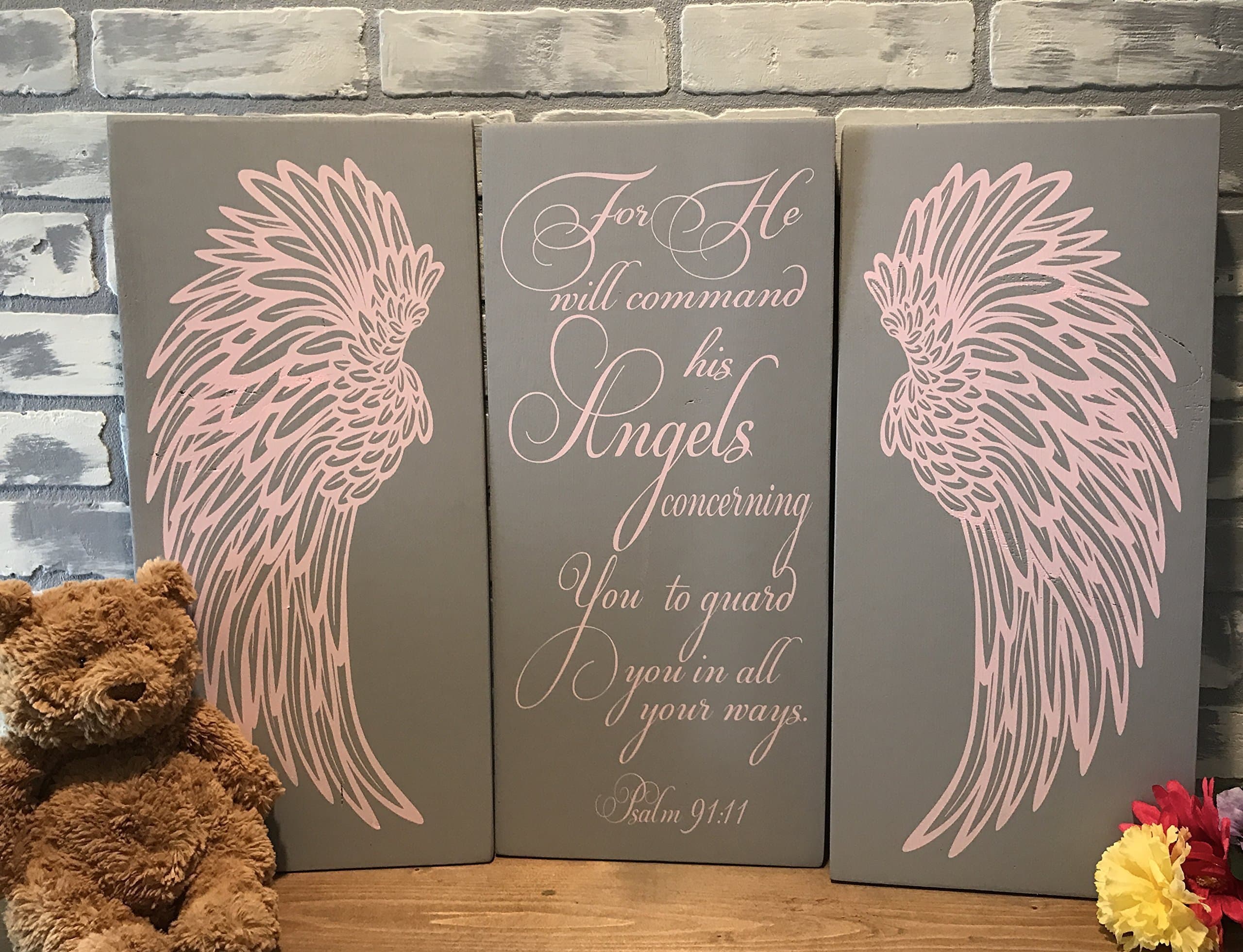 Angel Wings Wall Decor, Psalm 91:11 Angels Scripture Verse, Shabby Chic Decor, Wall Decor, Nursery Decor, Baby Shower Gift, Housewarming, Wedding Gift