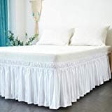 Cozylife Three Fabric Sides Wrap Around Elastic Solid Bed Skirt, Easy On/Easy Off Dust Ruffled Bed Skirts 16 Inch Tailored Drop (White,Full/Queen)