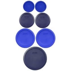 Pyrex (2) 7202-PC 1-Cup Cadet Blue, (2) 7200-PC 2-Cup Dark Blue, (2) 7201-PC 4-Cup Cadet Blue and (1) 7402-PC 6/7-Cup Dark Blue Lids - Made in USA