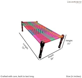 FURNWEAVE Solid Sheesham Wood Handmade Rajasthani Charpai | Cotton Rope Khatiya Charpai Single Bed Without Storage | Wooden Cot Bed | Khatiya-Khaat | 6X3 Feet, Color - Colorful (Purple-Multi)