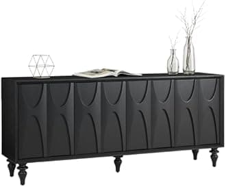LKTART 62.99" Sideboard Buffet Cabinet with Storage, Solid Wood Kitchen Storage Cabinet Credenza Accent Console Table with Solid Wood Roman Legs Dovetail Door Trim Panel Ash Veneer,Black