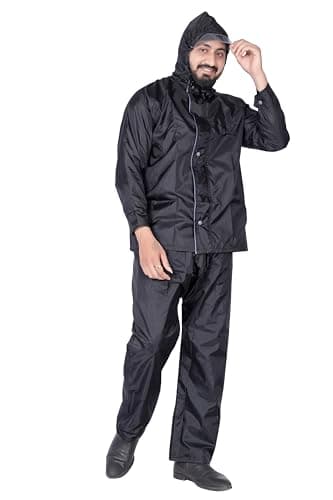 HSR Raincoat 100% Waterproof Polyester Double Layer Standard Length Rain Coat For Men Bike with Pants, Adjustable Hood