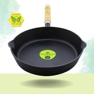 TRILONIUM Cast Iron Wooden Handle Skillet 26 cms | Pre-Seasoned with TilCrust™ | Weighs 2.4 Kgs | Induction Compatible