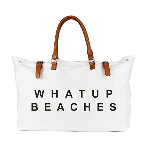 Beach Bag with Vegan Leather Handle, Extra Large Beach Bag for Women Waterproof Sandproof, White | with Vegan Leather Handle, Extra Large, Waterproof, Sandproof, Vegan Leather Handle, Extra Large, Waterproof, Sandproof