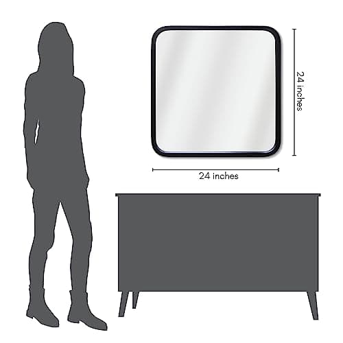 Americanflat 60 cm Square Black Frame Mirror with Rounded Corners - Wall Mirror for Bedroom, Bathroom, and Living Room - Large Mirror for Wall with Hanging Hardware