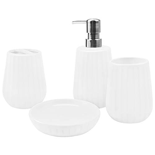 4-Piece Ceramic Bathroom Accessories Set, Complete Ribbed White Bathroom Ensemble Sets for Bath Decor Includes Soap Dispenser Pump, Toothbrush Holder, Tumbler, Soap Dish, Ideas Home Gift