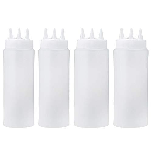 Gosear Squeeze Bottle, Plastic Squeeze Bottle 2PCS 12OZ + 2PCS 16OZ 3-Hole Plastic Squeeze Condiment Bottles for Sauce Oil Vinegar Ketchup Mustard Salad Dressing Kitchen Accessorie
