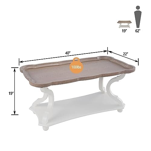 Function Home Farmhouse Coffee Table, Rustic White Cocktail Table with Storage Shelf, Sofa Table with Natural Tray Top and Carved Legs for Living Room Furniture Dining Room, Vintage White