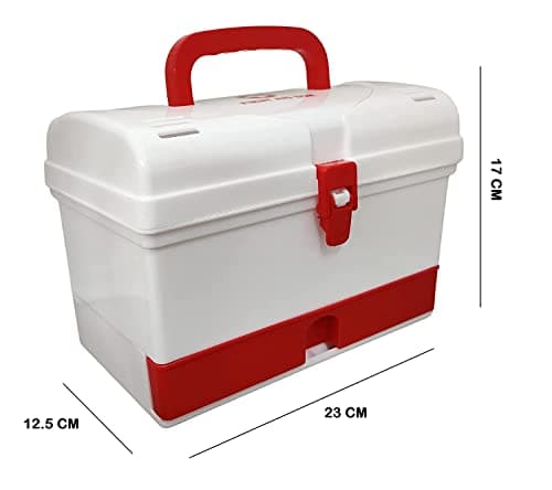 HOME CUBE 1 Pc Multifunction Portable Medicine Organizer Storage Plastic Box, Medical Box, Multi Purpose Box With Extra Drawer Handle for Home Office Camping Travel etc- White/Red, Rectangular