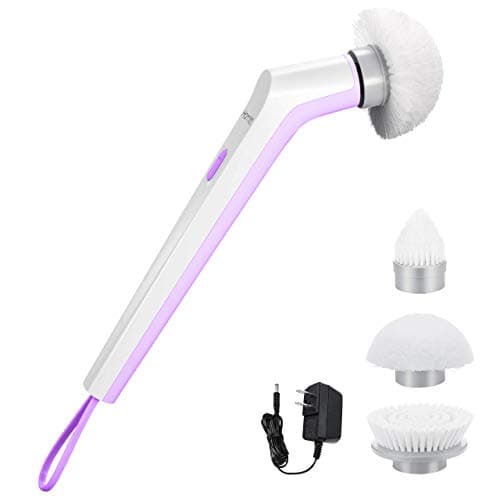 Homitt Electric Spin Power, Cordless Shower Scrubber with 3 Replaceable Cleaning Brush Head, Style 8 Hook & Adapter, Blue, Purple