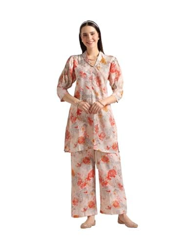 Leriya Fashion Soft Cotton Blend Floral Foil Print Puff Sleeve Shawl Collar Straight Kurta Pant Set For Women Causal Festival Office Shopping Outing Wear For Girls Ethnic Co Ord Set (LF-K2729&P151)