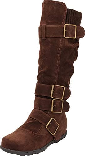 Cambridge Select Women's Buckle Sweater Flat Knee-High Boot (7 B(M) US, Brown)