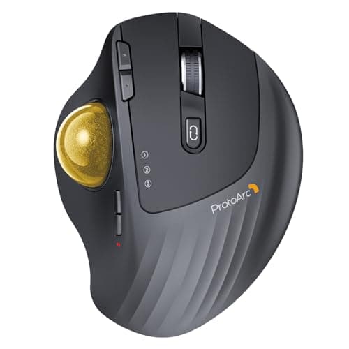 EM01 NL Wireless Trackball Mouse, Ergonomic Bluetooth Rollerball Thumb Rechargeable for Computer Laptop, Adjustable Angle & 3 Device Connection for PC, Mac, Windows-Gold Ball