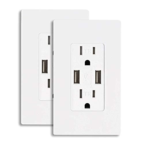 AbboTech 4.2AMP Dual High Speed USB Wall Outlet, USB Wall Charger with 15A Tamper-Resistant Duplex Receptacle, Child Proof Safety, Wall Plates Included, White[2 Pack] (4.2A/2 PACK)