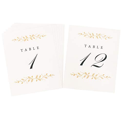 Wedding Table Numbers | Elegant 1-12 Double Sided Pearl White and Gold Table Numbers on Heavy Cardstock with Pearlescent Finish | Includes Mr and Mrs Table Cards and 2 Reserved Table Cards