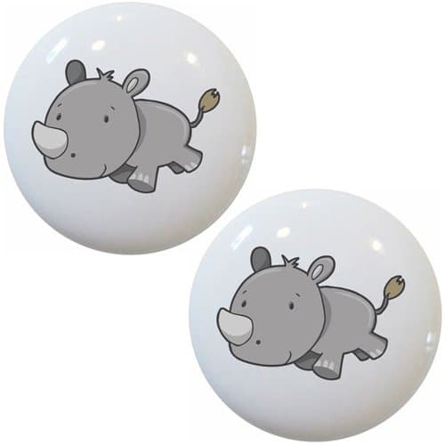 Set of 2 Rhinoceros Baby Ceramic Cabinet Drawer Pull Knobs