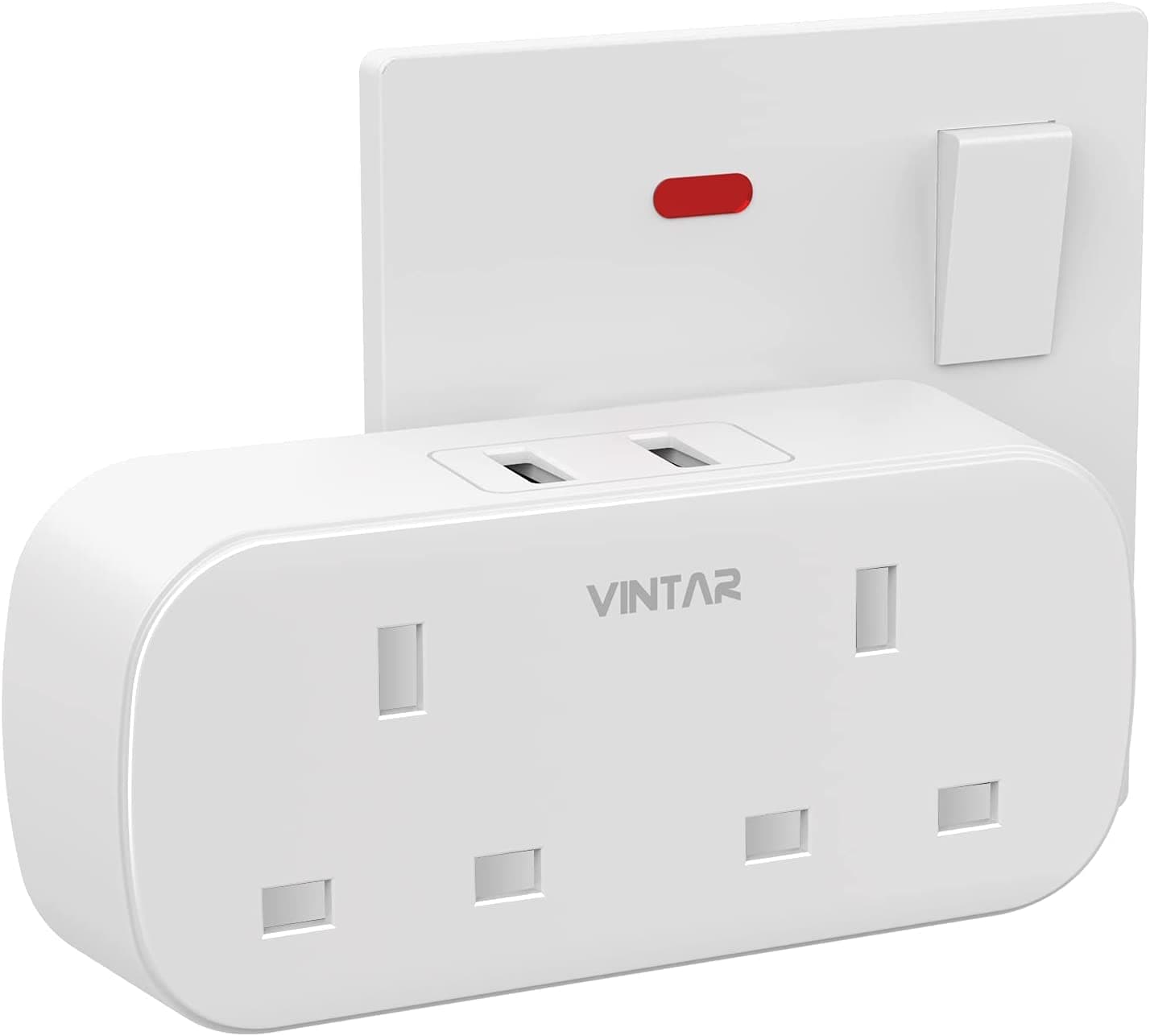 VINTAR Double Plug Adaptor with 2 USB, 2 Way Plugs Extension Multi Sockets Wall Charger Adapter, 13A UK 3 Pin Power Socket for Bedroom, Office, Kitchen, White (1)