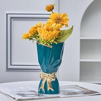 WLGRANJIA Bow Vase for Home Decor, Gold Vase for Boho Style, 9.65 Inch Large Vases for Ideal Table Decor, Living Room. Ceramic Flower Vases. （Glazed Exterior and Interior） (Green, Large)